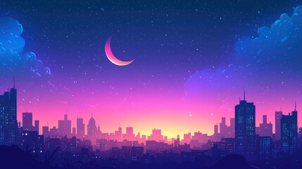 Fototapeta premium Colorful city skyline at twilight with crescent moon