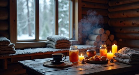 A secluded winter cabin in the snowy woods with smoke drifting from the chimney, stacked logs, preserves, and wool blankets. Warm light and hot tea create a tranquil, rustic retreat.