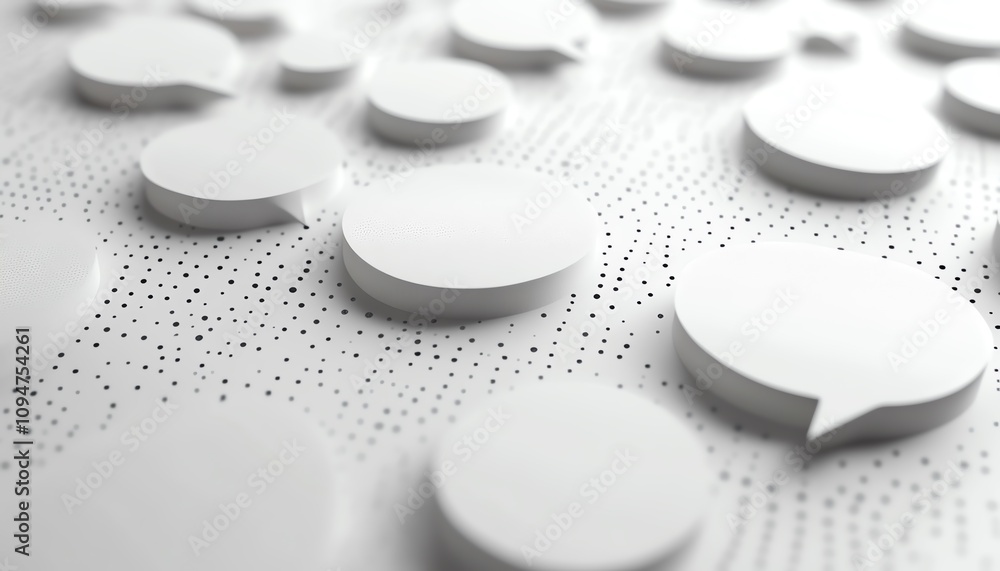 Poster speech bubbles with dotted lines on a white background, 3d rendering, symbolizing messages, conversa