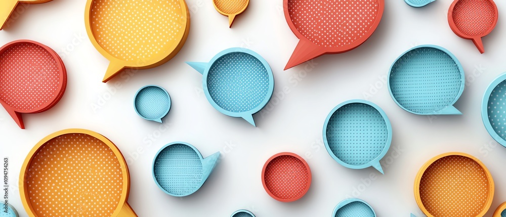 Poster speech bubbles with dotted lines on a white background, 3d rendering, symbolizing messages, conversa