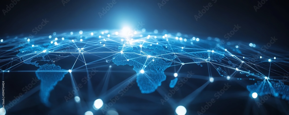 Poster 3d rendering of a blue world map with connected lines and nodes on a white background, illustrating 