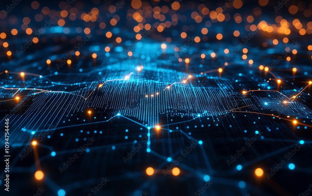 Poster 3d rendering of a blue world map with nodes and connected lines on a white background, illustrating 