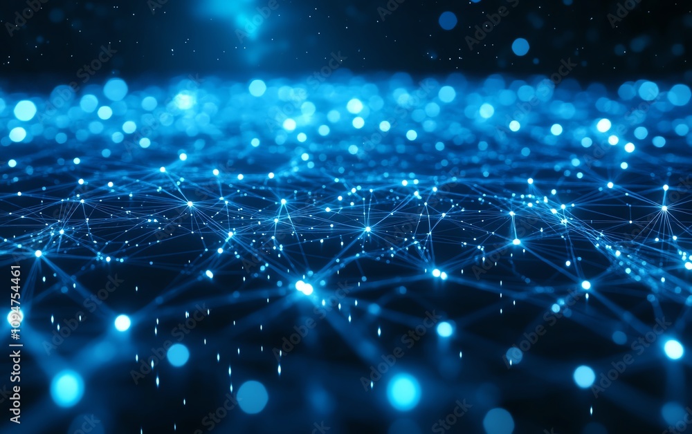 Poster 3d rendering of a blue world map with nodes and connected lines on a white background, illustrating 