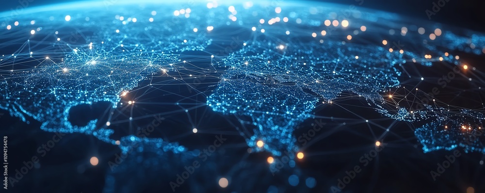 Poster 3d rendering of a blue world map with connected lines and nodes on a white background, illustrating 