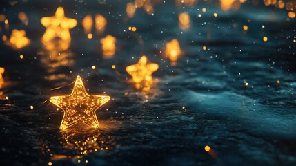 Funkelnde Weihnachtssterne auf reflektierender Oberfl&auml;che