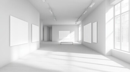Modern Minimalist Art Gallery Interior: Sunlight Streaming Through Large Windows