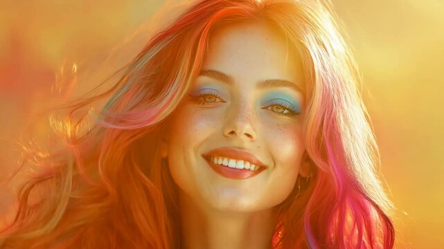 A woman with long red hair and blue eyes is smiling. She is wearing a blue shirt and blue eyeshadow