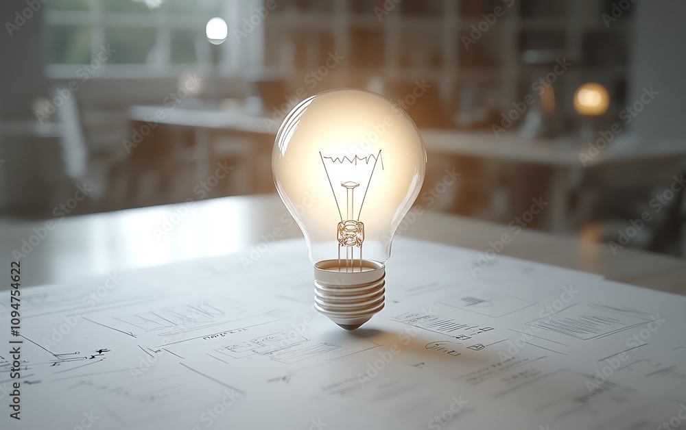 Poster 3d rendering of a light bulb surrounded by business sketches and charts on a white background, symbo