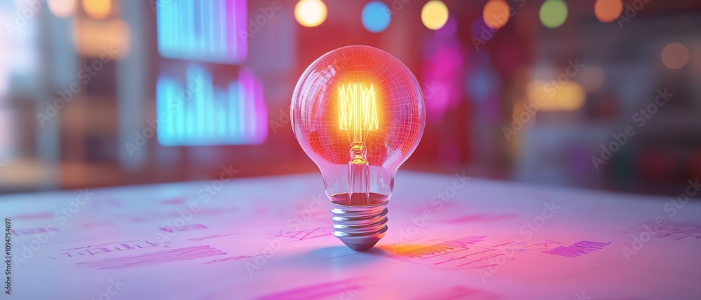 Poster 3d rendering of a light bulb with business sketches and charts on a white background, symbolizing br