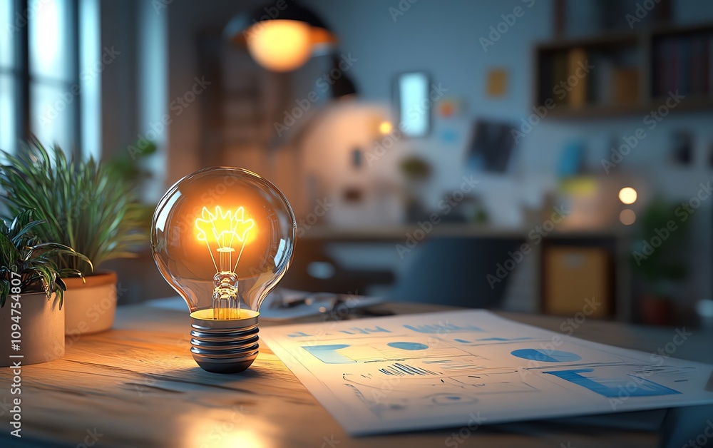 Poster 3d rendering of a light bulb with business sketches and charts on a white background, symbolizing br