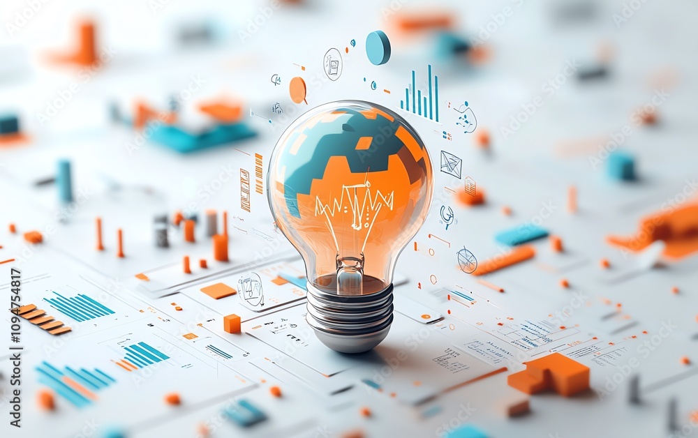 Poster 3d rendering of a light bulb with business sketches and charts on a white background, symbolizing br