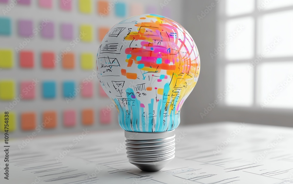 Poster 3d rendering of a light bulb with business sketches and charts on a white background, symbolizing br