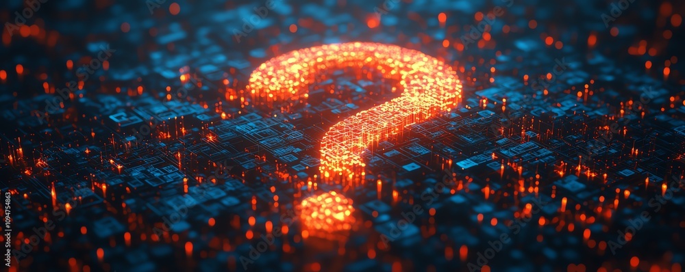 Poster 3d rendering of a question mark network illustration, glowing interconnected lines and nodes, symbol