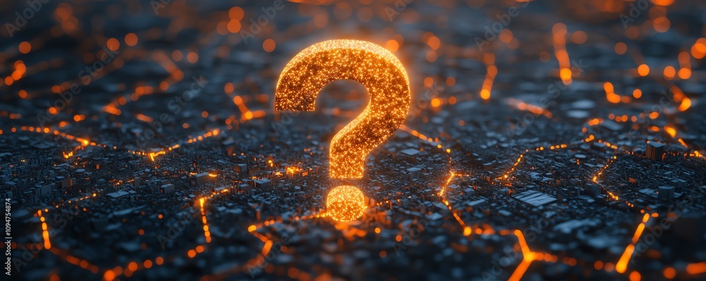 Poster 3d rendering of a question mark network illustration, glowing interconnected lines and nodes, symbol