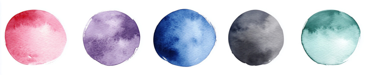 Five circular watercolor blobs in various colors, isolated on a white background. The colors include blue, purple, red, green, and gray. 