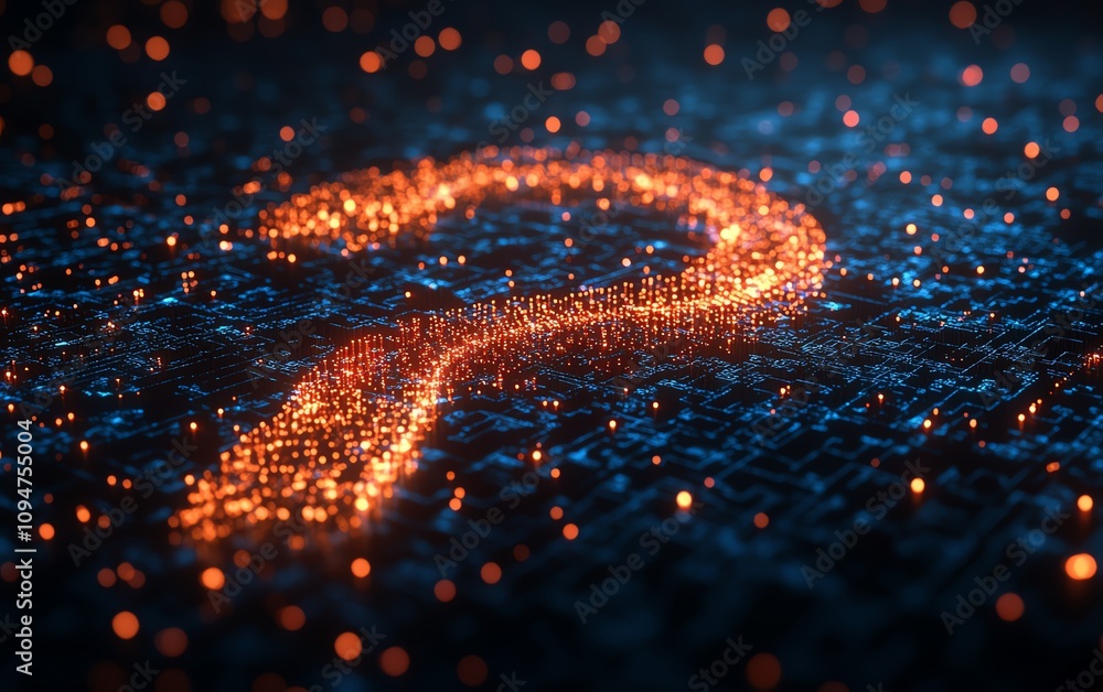 Poster 3d rendering of a question mark shaped network, interconnected nodes and lines, symbolizing communic