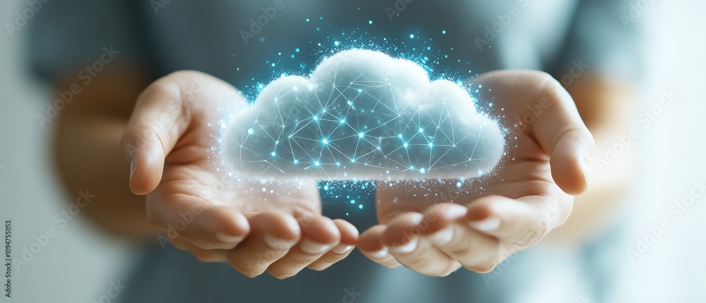 Poster 3d rendering of hands holding a cloud technology graphic with connected network icons on a white bac
