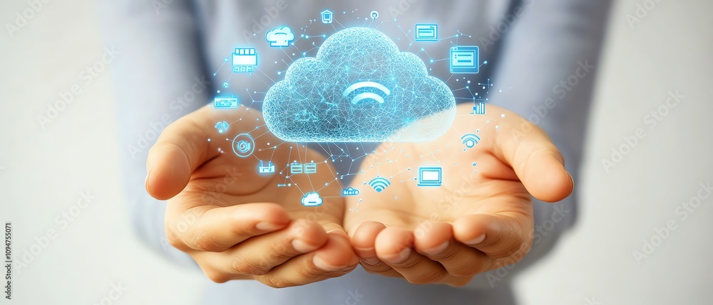 Poster 3d rendering of hands holding a cloud technology graphic with connected network icons on a white bac