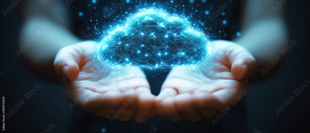 Poster 3d rendering of hands holding a cloud technology graphic with connected network icons on a white bac