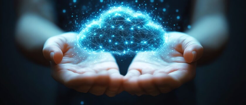 3D rendering of hands holding a cloud technology graphic with connected network icons on a white background, representing cloud computing and digital services
