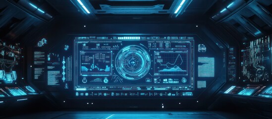 Futuristic Spaceship Bridge Control Room with Advanced Data Displays and Interfaces