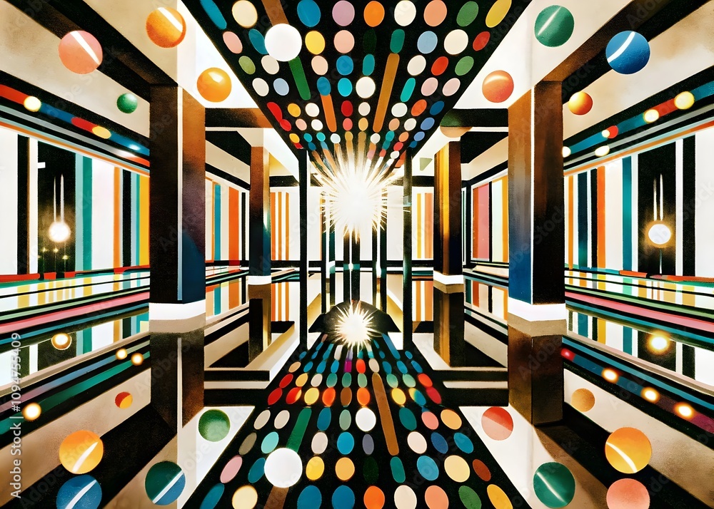 Poster vibrant geometric patterns reflective space colorful spheres dynamic lines illuminated environment