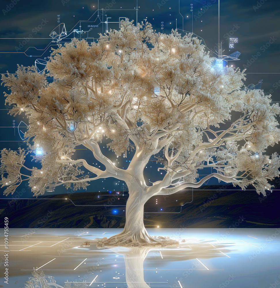 Poster technology tree, artificial intelligence tree with circuit board connections.