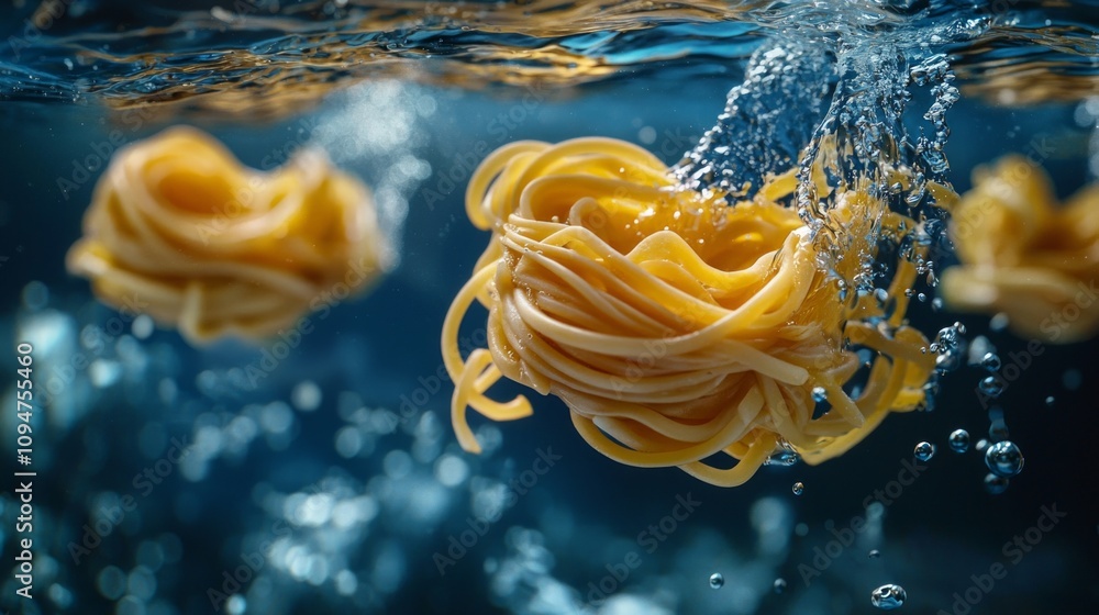 Poster delicate pasta nests gracefully float waters surface creating enchanting display contrasting dark ba