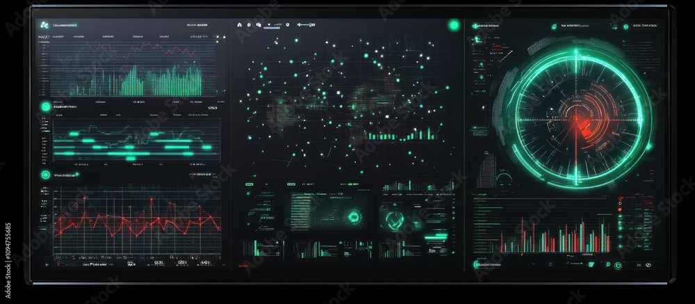 Poster futuristic technology dashboard display showing various data points, graphs, and a radar screen.