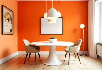 A modern dining room with an orange wall, a white oval table, and four beige chairs. Three white pendant lights light the room and has a framed artwork on the wall