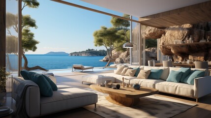 Fototapeta premium A luxury modern living room with floor-to-ceiling windows and breathtaking sea views, opening onto a private terrace.