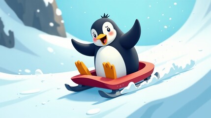 Obraz premium Cute penguin enjoying a thrilling sled ride down a snowy hill on a bright winter day