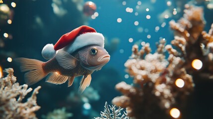 Goldfisch mit Weihnachtsm&uuml;tze im Korallenriff