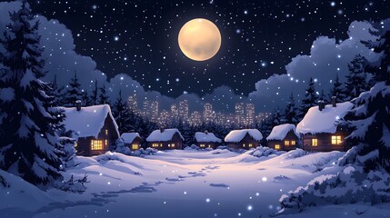 Naklejka premium Winter village scene with snow-laden cottages, distant urban skyline bathed in moonlight, cartoon-style vector artwork