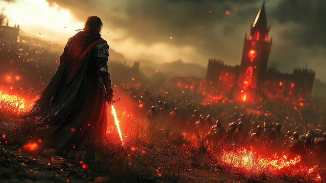 A brave warrior charges through a battlefield, wielding a glowing sword, as an army of skeletal soldiers rise from the ground around them generative AI