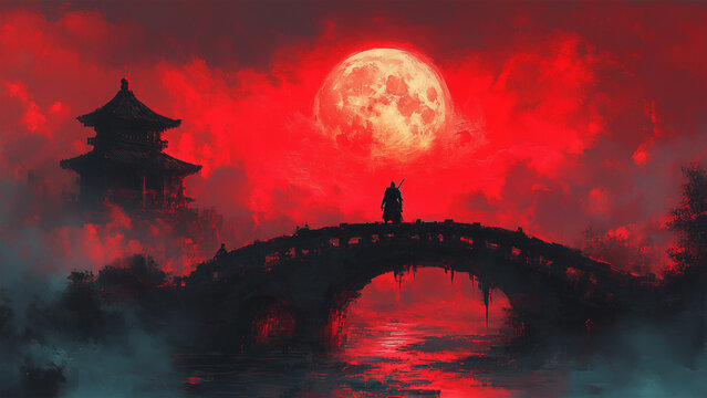A cursed swordsman faces a towering wraith on a broken bridge beneath a blood-red moon generative AI