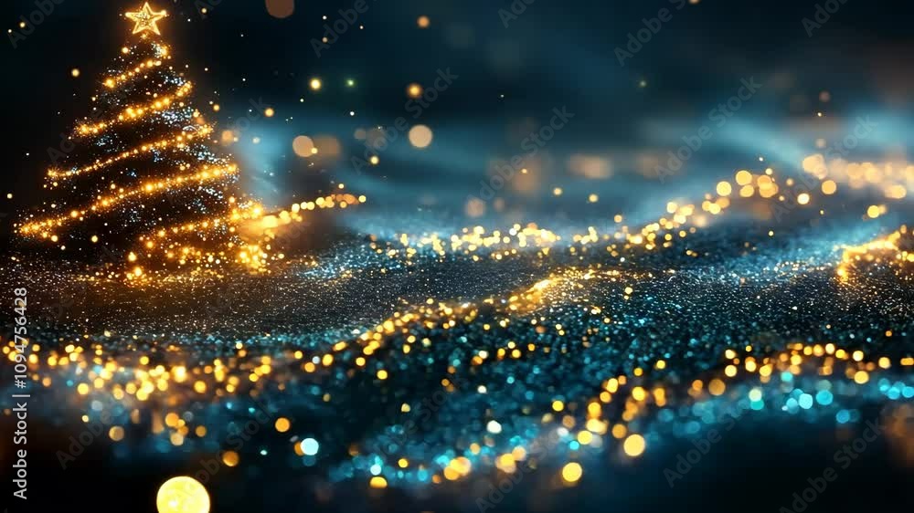 Poster a christmas tree is lit up with lights and is surrounded by a dark blue sky. the scene is filled wit