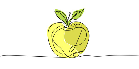 Apple with leaf continuous one line drawing, Black and white vector minimalist linear illustration made of single line