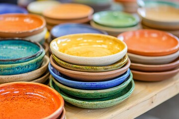 Handmade Ceramics Custom Colorful ceramic plates stacked in a vibrant display, showcasing a variety of hues and textures, perfect for dining or decorative purposes.