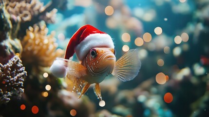 Fisch mit Weihnachtsm&uuml;tze im leuchtenden Riff