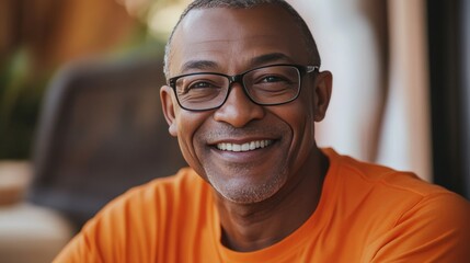 Obraz premium Happy Smiling Man Wearing Glasses And Orange Shirt