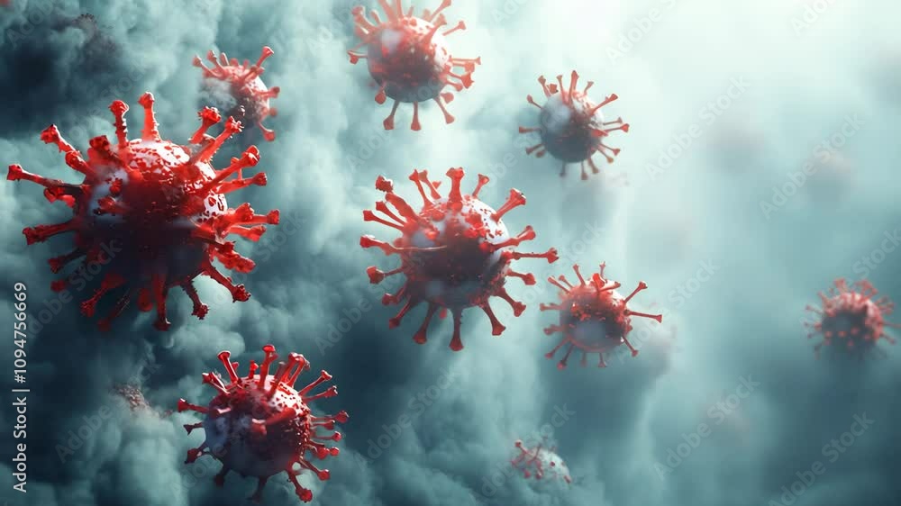 Poster a bunch of red viruses are floating in the air. the viruses are small and red, and they are scattere