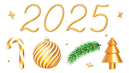 3d set golden Christmas decorations. Christmas tree, Christmas tree branch, candy, ball,stars, 2025 number. Stock vector illustration on isolated background.