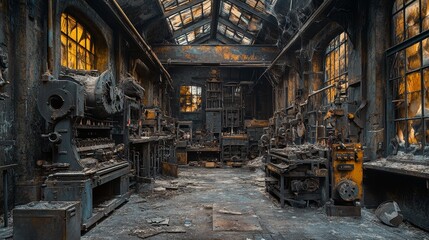 Fototapeta premium Fire-Damaged Workshop Interior with Visible Machinery and Windows