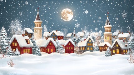 Fototapeta premium Holiday-themed snowy village with icy rooftops, sparkling cityscape on the horizon, full moon adding festive glow, vector art style
