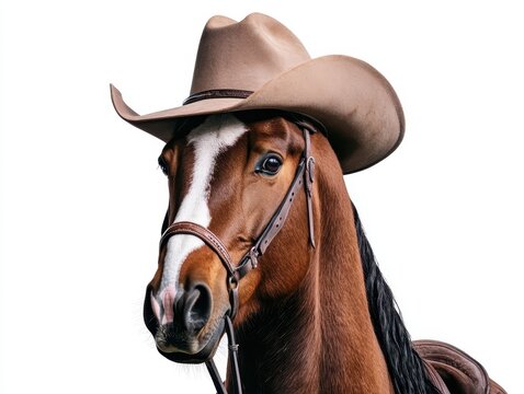 Cowboy horse portrait studio setting animal photography western theme close-up view rustic charm, isolated on a white background.