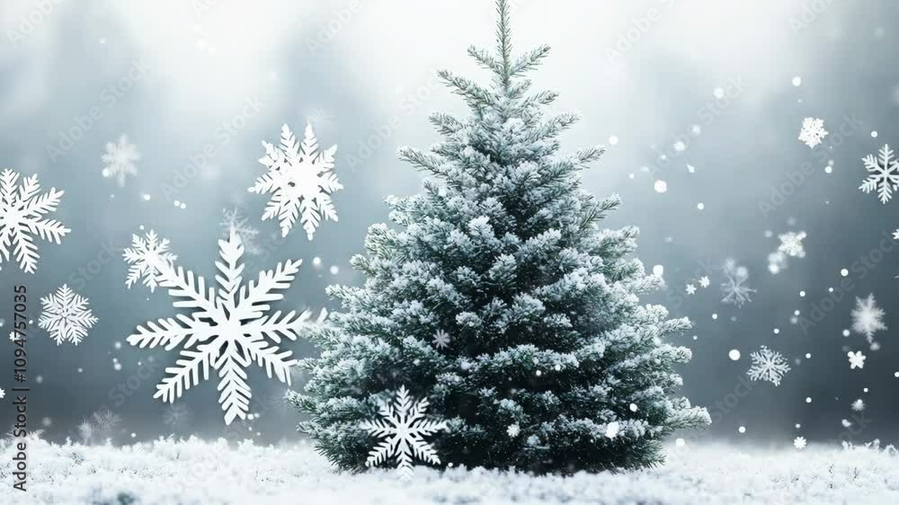 Poster a small evergreen tree covered in snow. the snow is falling around the tree, creating a peaceful and