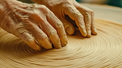 Hands shaping clay on a pottery wheel, showcasing skilled craftsmanship, AI