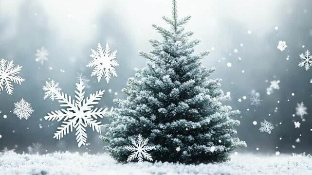 A small evergreen tree covered in snow. The snow is falling around the tree, creating a peaceful and serene atmosphere
