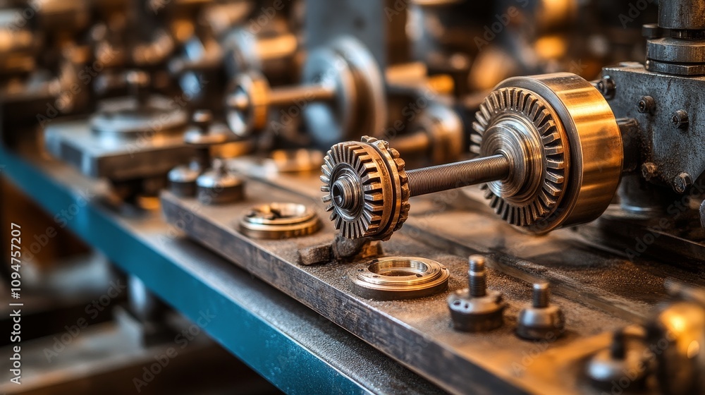 Poster close-up of intricate gears and machinery in a workshop setting